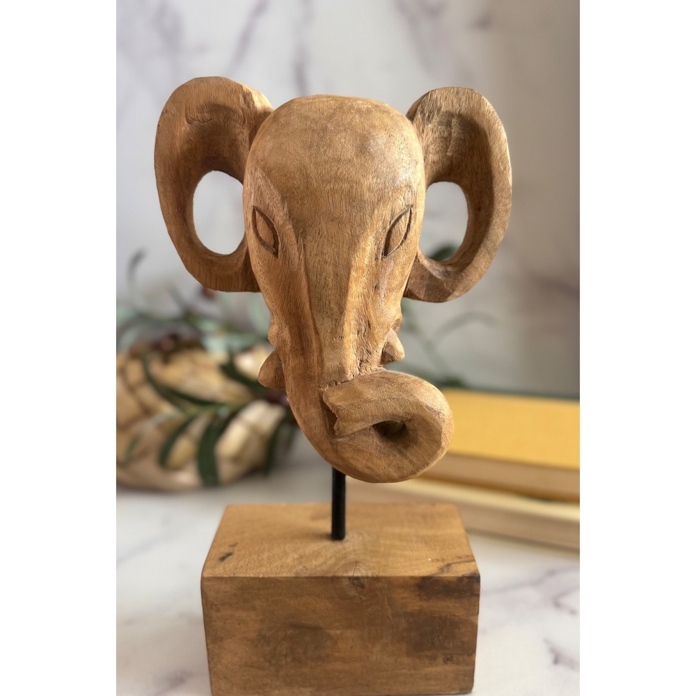 Hand Carved Wooden Elephant Sculpture on Stand,BohoDecor,Sculptural Wood Accent